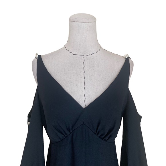 Vintage 60s Black Crepe Dress Cold Shoulder Bishop Sleeve Rhinestone Buttons - Picture 2 of 16